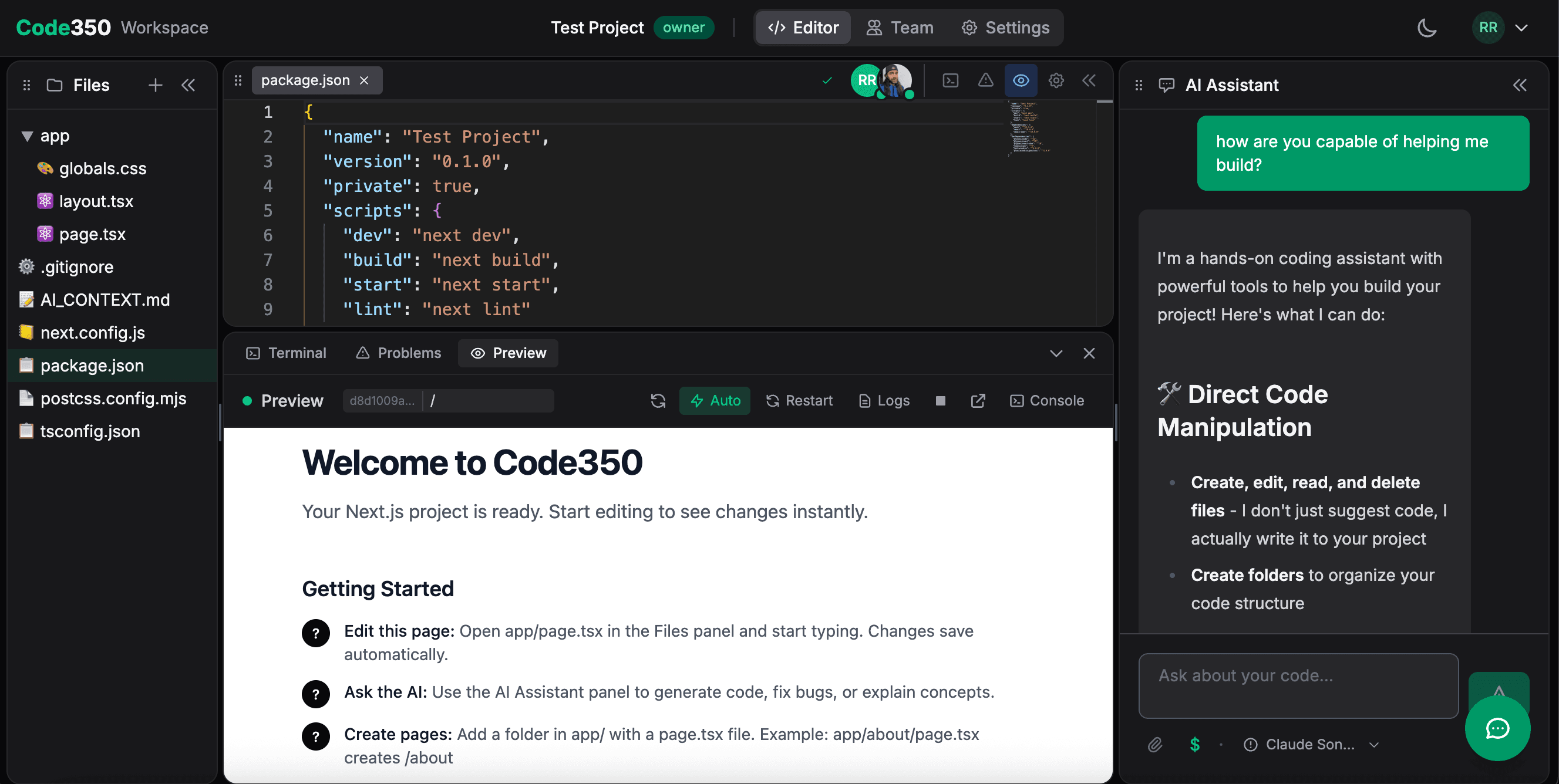 Code350 Workspace - AI-powered code editor with live preview showing Claude AI assistance, code editor, and real-time application preview